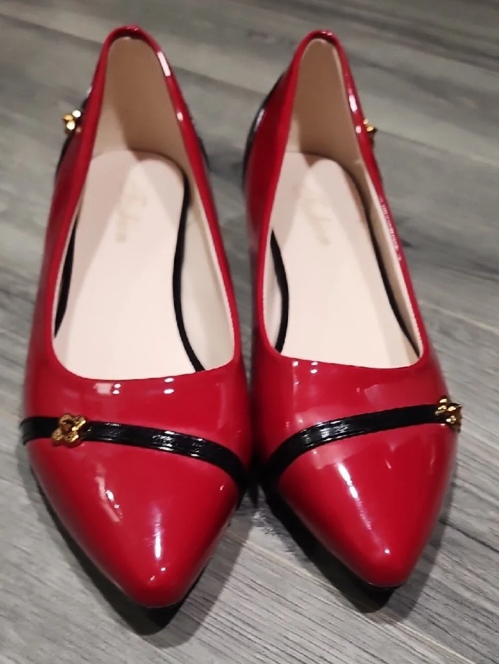 Elegant Red Patent Pointed-Toe Pumps with Gold Metallic Heel